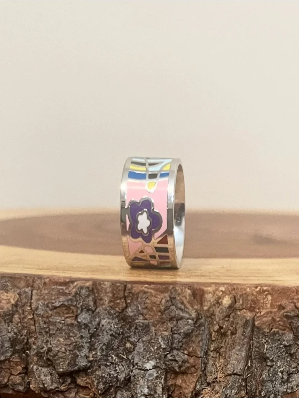 Colorful Enamel Abstract Floral White Gold Filled Retro Wide Band Ring NWOT